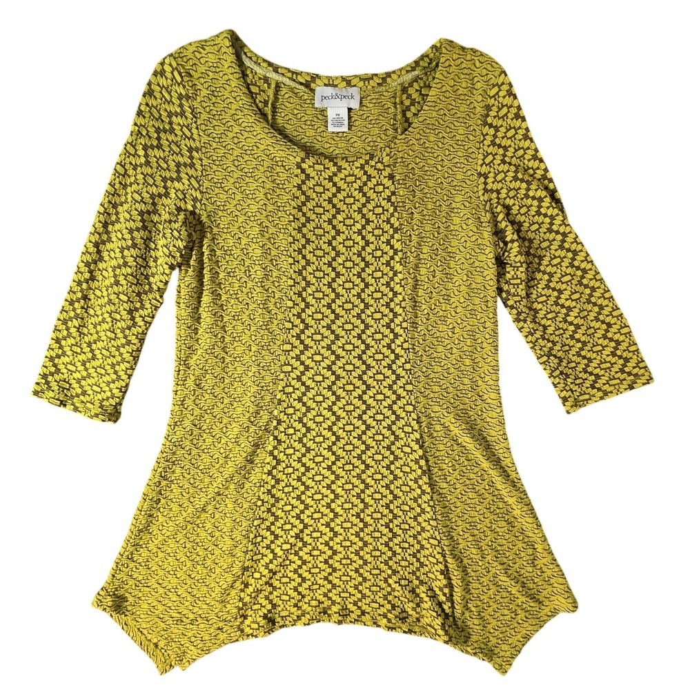 Peck & Peck Dress Petite Med Chartreuse Brown Stretch Shift Asymmetrical Boho